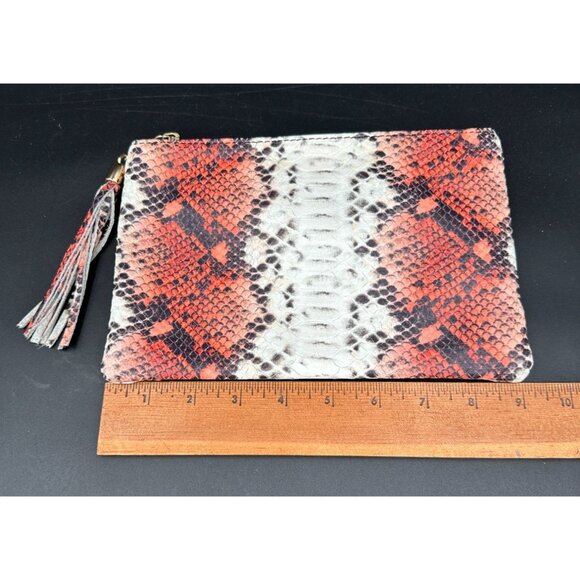Genuine Leather Snake Print Tassel Clutch Purse - Made In Italy -Red Black White - Picture 2 of 6